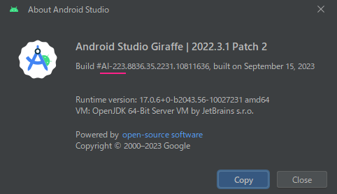 「Android Studio Giraffe」のバージョン